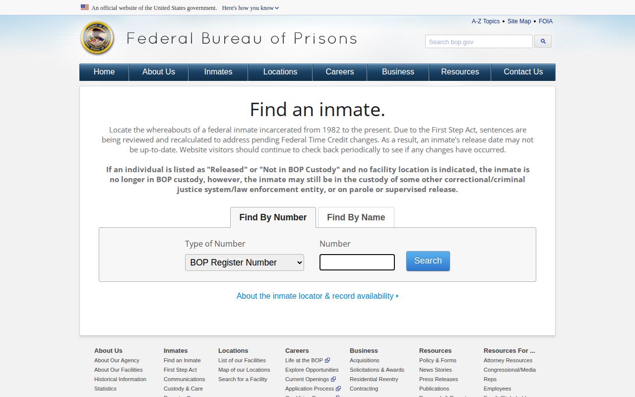 Federal BOP release locator for a Clay County federal record